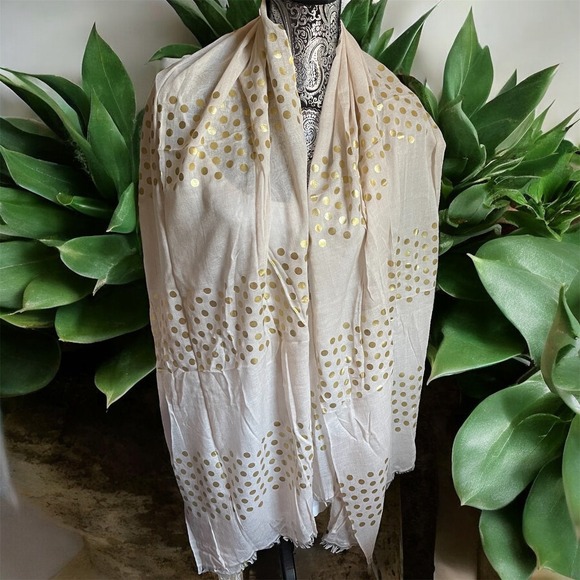 Pure DKNY Gold Polka Dot Scarf Wrap Sheer Lightweight‎ Fringe Tan NEW - Picture 4 of 11